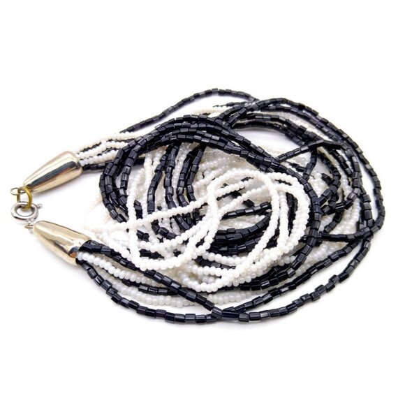 Neutral Seed Bead Torsade Necklace, Black and White Vintage Strands, Multi Stran - Picture 3 of 3